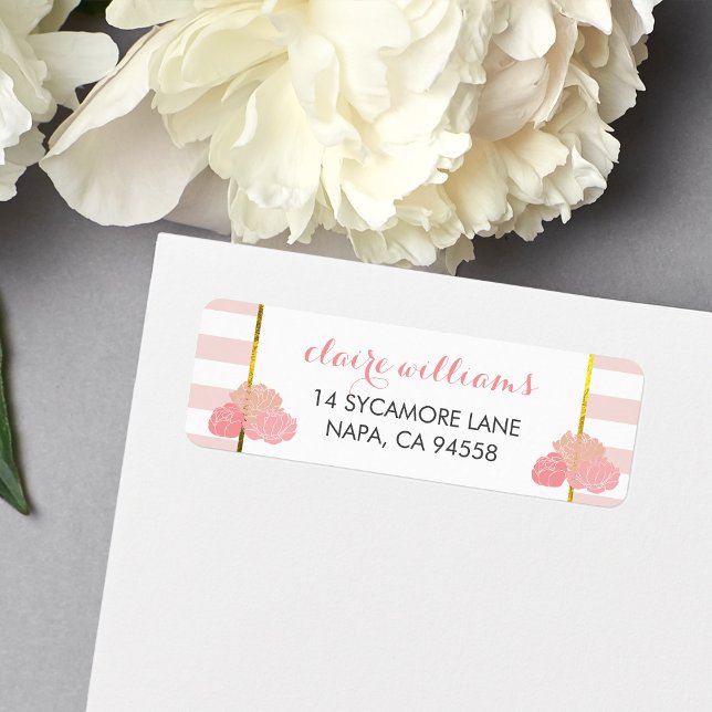 Pink Stripe & Blush Peony Return Address Labels (Creator Uploaded)