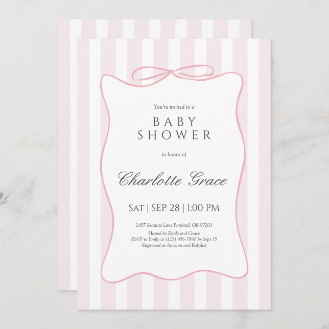 Pink Stripe Bow Baby Shower Invitation (Front/Back)