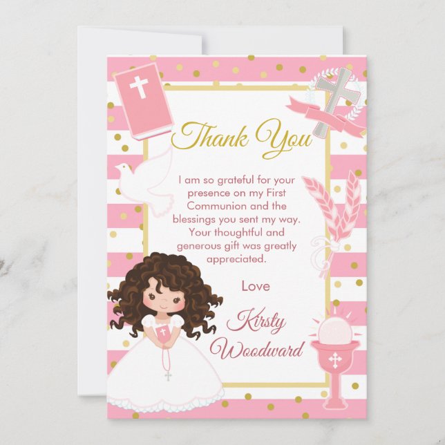 Pink Stripe Brunette Girl First Holy Communion Thank You Card (Front)