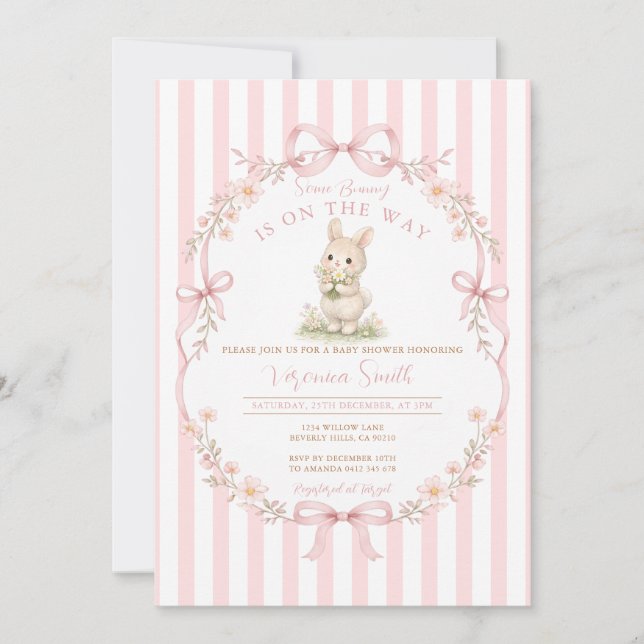 Pink Stripe Bunny Daisy Baby Shower Invitation (Front)