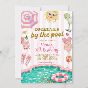 Pink Stripe cocktails by the pool birthday Invitation