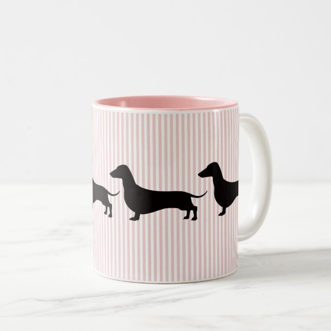 Pink Stripe Dachshund Two-Tone Coffee Mug (Front Right)