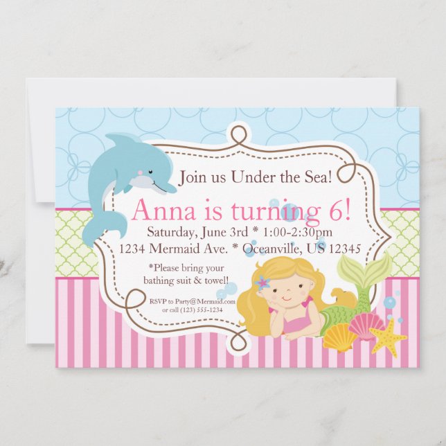 Pink Stripe, Dolphin, Girl Mermaid Birthday Party Invitation (Front)