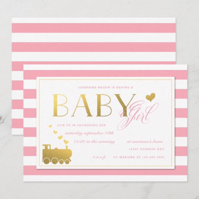 Pink Stripe Faux Gold Train Baby Girls Shower Invitation (Front/Back)