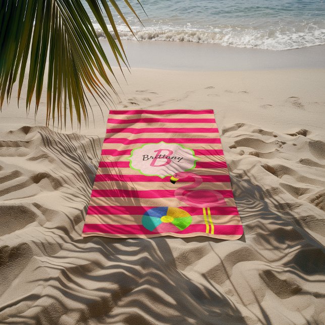 Pink Stripe Flamingo Monogrammed Beach Towel (Creator Uploaded)