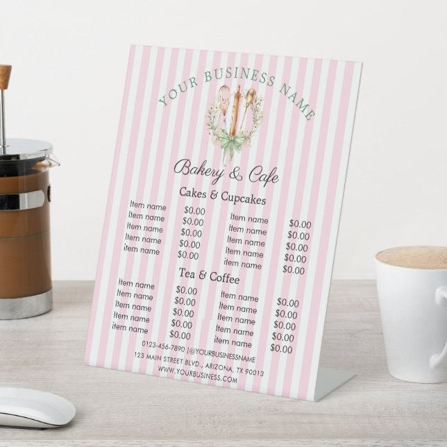 Pink Stripe & Floral Utensils Cooking Price List Pedestal Sign (In SItu)