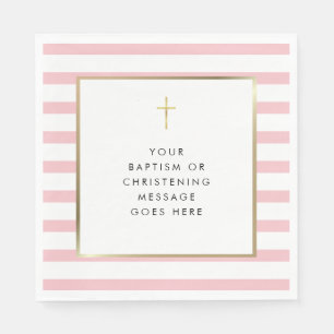 Pink Stripe Gold Cross Baptism Christening Message Napkin