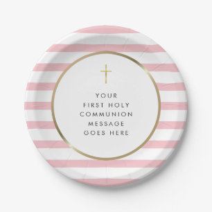 Pink Stripe Gold Cross Holy Communion Message Paper Plate