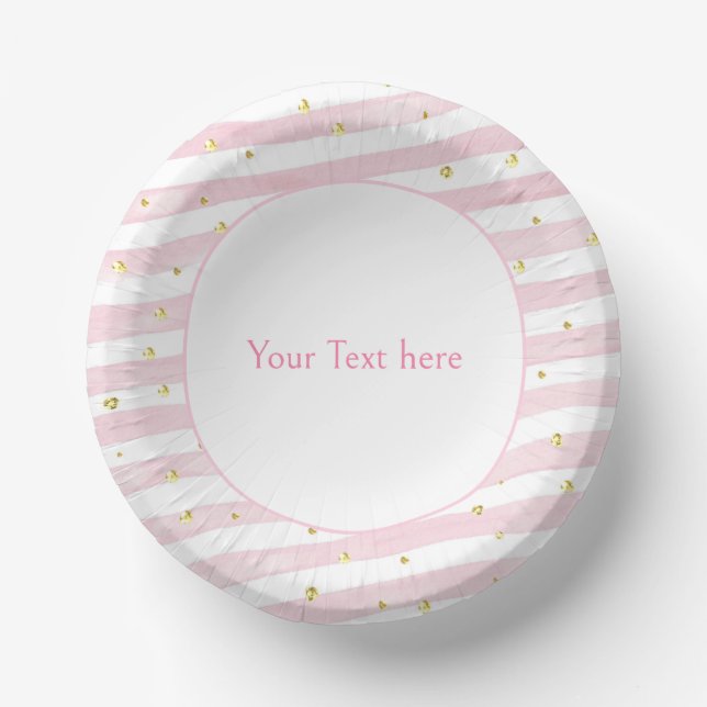 Pink stripe gold glitter dots birthday party guest paper plate (Front)