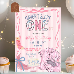  Pink Stripe Haven't slept one bit 1st birthday Invitation