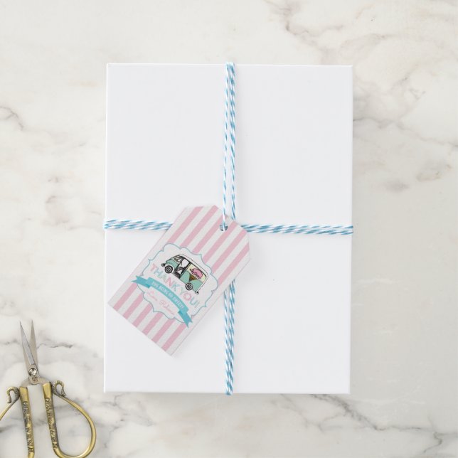 Pink Stripe Ice Cream Truck Birthday Favour Tag (With Twine)