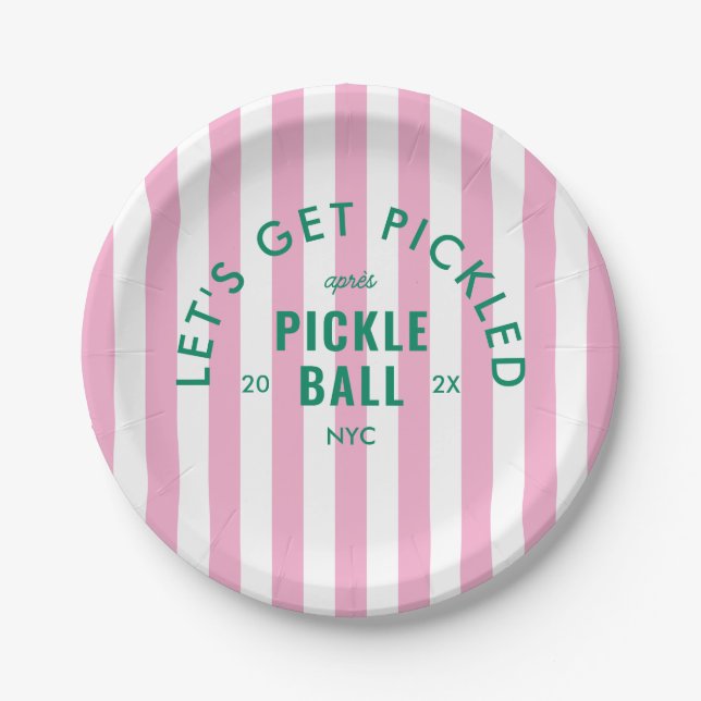 Pink Stripe Let's Get Pickled Après Pickleball  Paper Plate (Front)