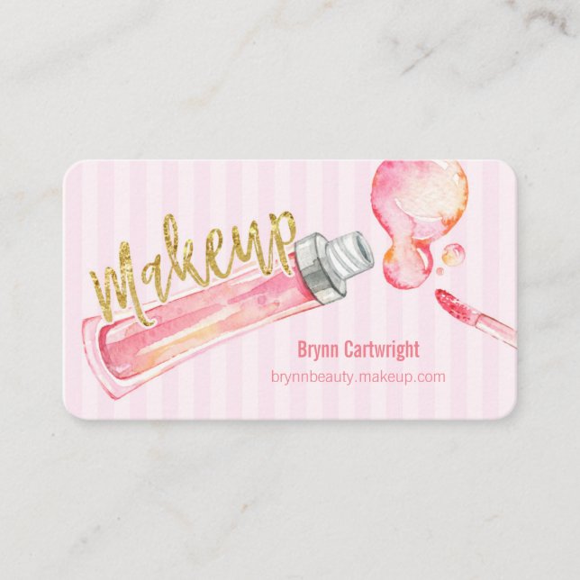 Pink Stripe Makeup Appointment Card with Lipgloss (Front)