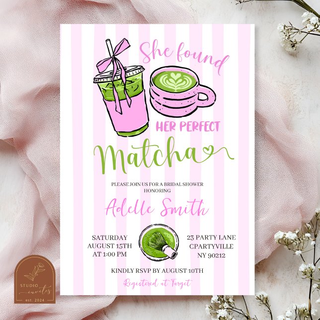 Pink Stripe Modern She found her perfect matcha Invitation (Creator Uploaded)