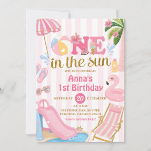 Pink Stripe One in the sun Pool party Birthday Invitation