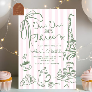 Pink Stripe Paris Cafe Oui Oui Shes Three Birthday Invitation