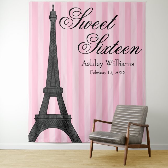 Pink Stripe Paris Themed Sweet 16 Backdrop Tapestry (In Situ)