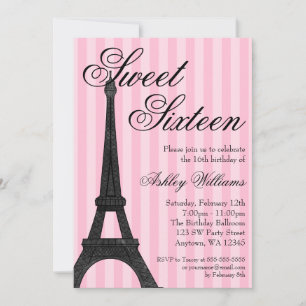 Pink Stripe Paris Themed Sweet 16 Birthday Invitation
