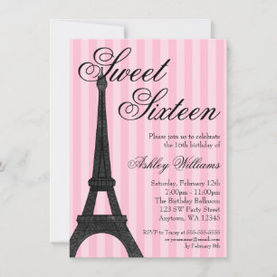 Pink Stripe Paris Themed Sweet 16 Birthday Invitation