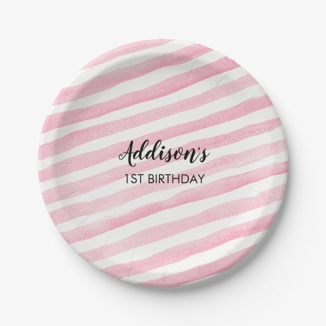 Pink stripe personalised party plates (Front)