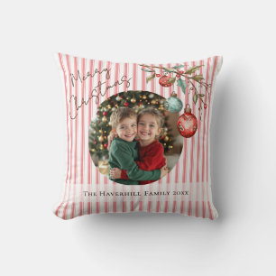 Pink Stripe Photo Watercolor Ornaments Christmas Cushion