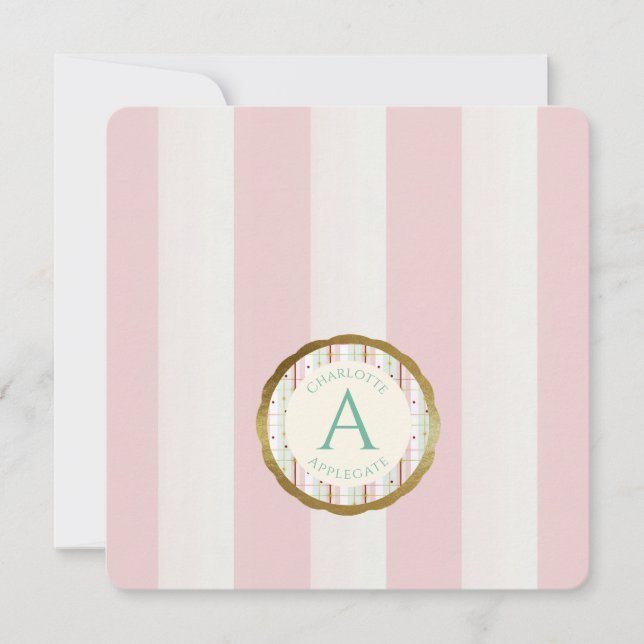 Pink Stripe Preppy Monogram Note Card (Front)