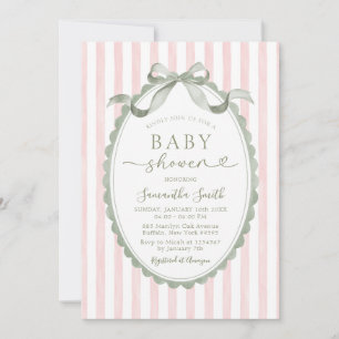 Pink Stripe Sage Green Bow Baby Shower Invitation
