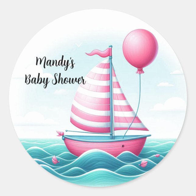 Pink Stripe Sailboat Balloon Baby Shower Classic Round Sticker (Front)