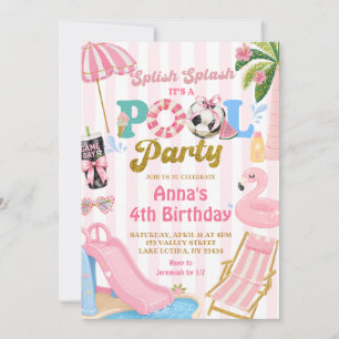 Pink Stripe Soccer Pool party girl birthday Invitation