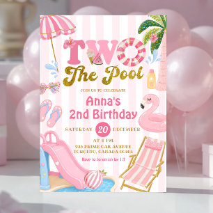 Pink Stripe TWO THE Pool party girl birthday  Invitation