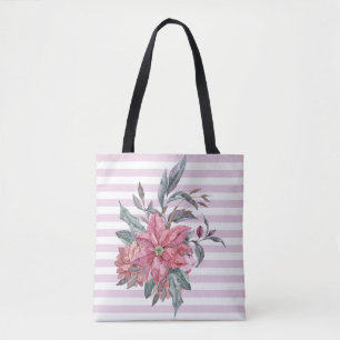 Pink Stripe Vintage Floral Fashion Tote Bag