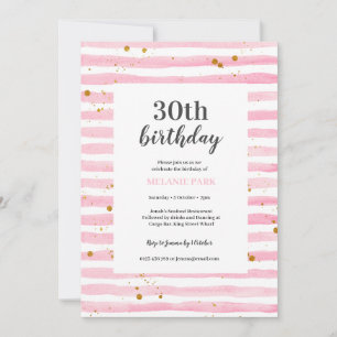 Pink Stripe Watercolor Birthday Party Invitation