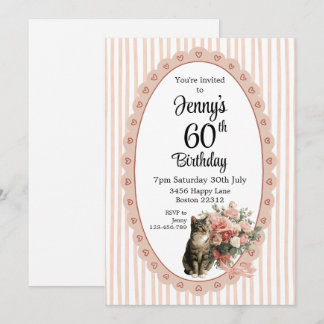 Pink stripe watercolor floral cat birthday invite