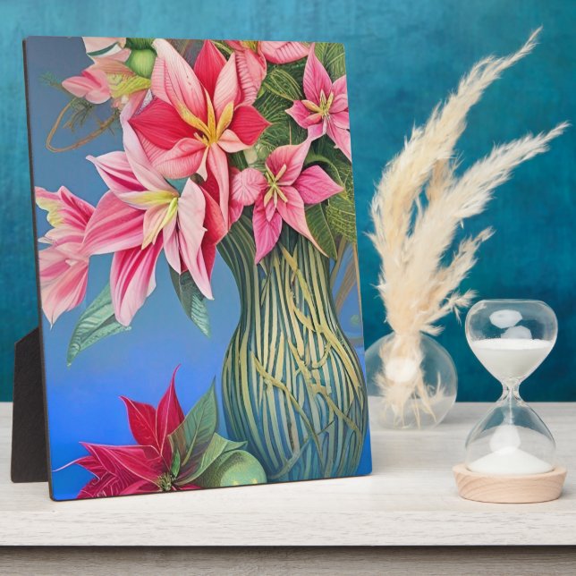 Pink striped Amaryllis and Poinsettia Bouquet Plaque (Side)