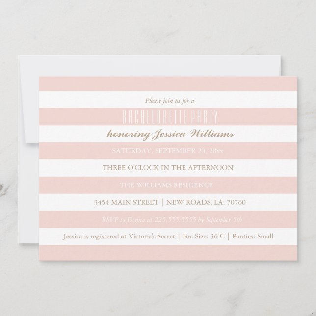 Pink Striped Bachelorette Party Invitations (Front)