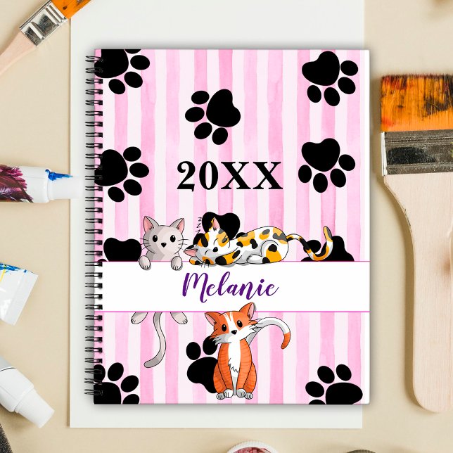 Pink striped background kittens & paws customised planner (Creator Uploaded)