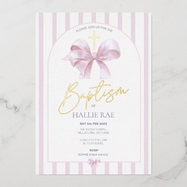 Pink Striped Baptism Invitation Girl Modern Bow (Front)