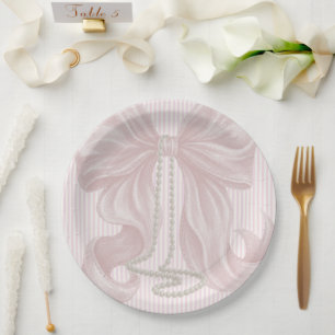 Pink Striped Bow and Pearl Necklace Paper Plate