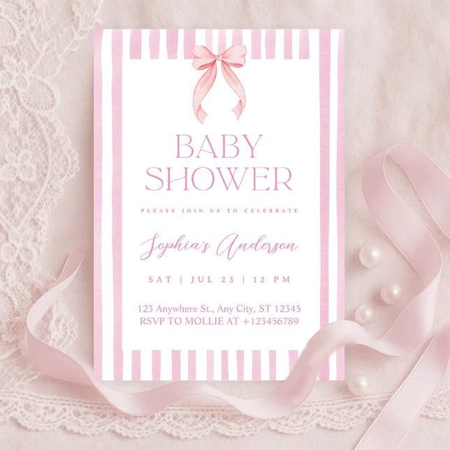 Pink Striped Bow Baby Shower Invitation (Creator Uploaded)