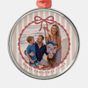 Pink Striped Bow Christmas Photo Metal Tree Decoration