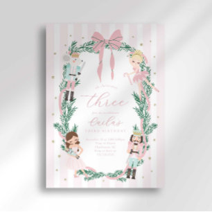 Pink Striped Bow Nutcracker Ballet Third Birthday Invitation