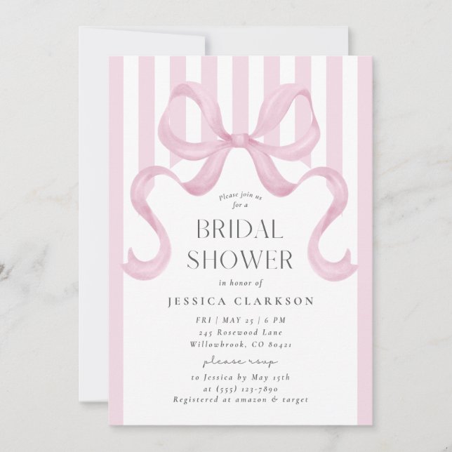 Pink Striped Bow Preppy Bridal Shower Invitation (Front)