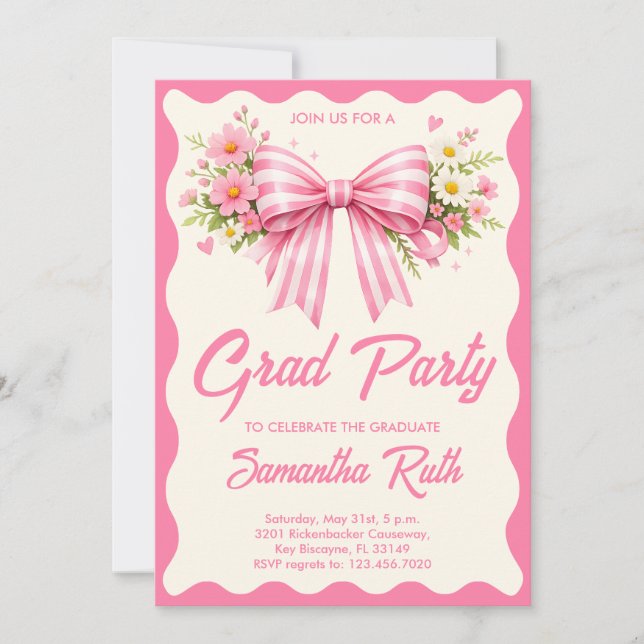 Pink Striped Bows & Ribbons Graduation Party Invitation (Front)