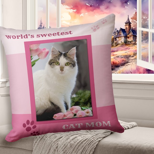 Pink Striped Cat Mum Photo Pillow (A sweet pink striped pillow featuring your own favorite cat photo and cute paw prints)