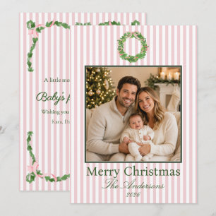 Pink Striped Christmas Baby Announcement Card