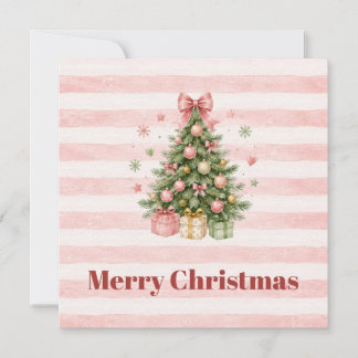 Pink Striped Christmas Tree Photo Holiday Greeting Card