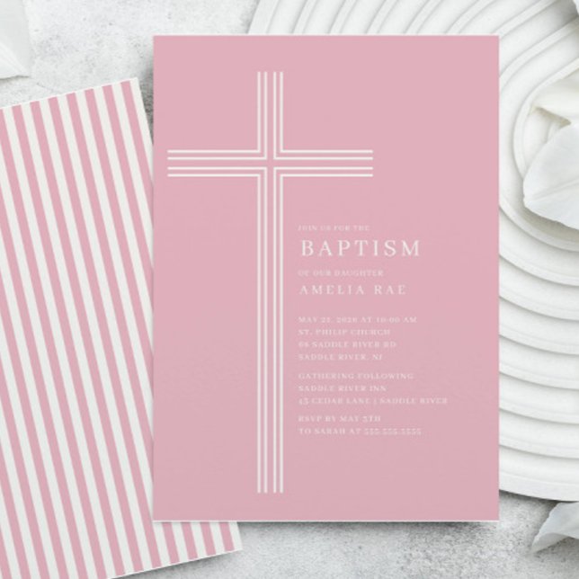 Pink Striped Cross Baptism  Invitation (Creator Uploaded)