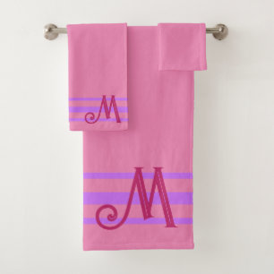 Pink Striped Custom Monogram Bath Towel Set