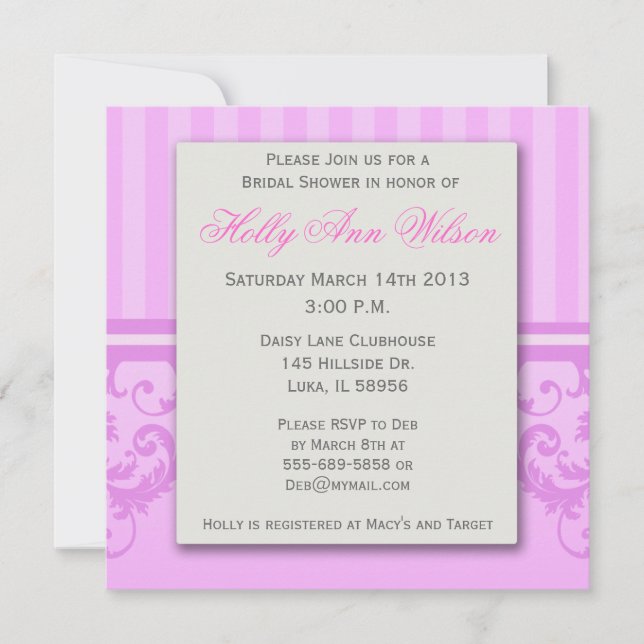 Pink Striped Damask Bridal Shower  Invitation (Front)