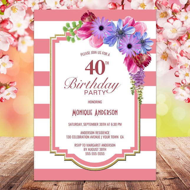 Pink Striped Floral 40th Birthday Party Invitation (Creator Uploaded)